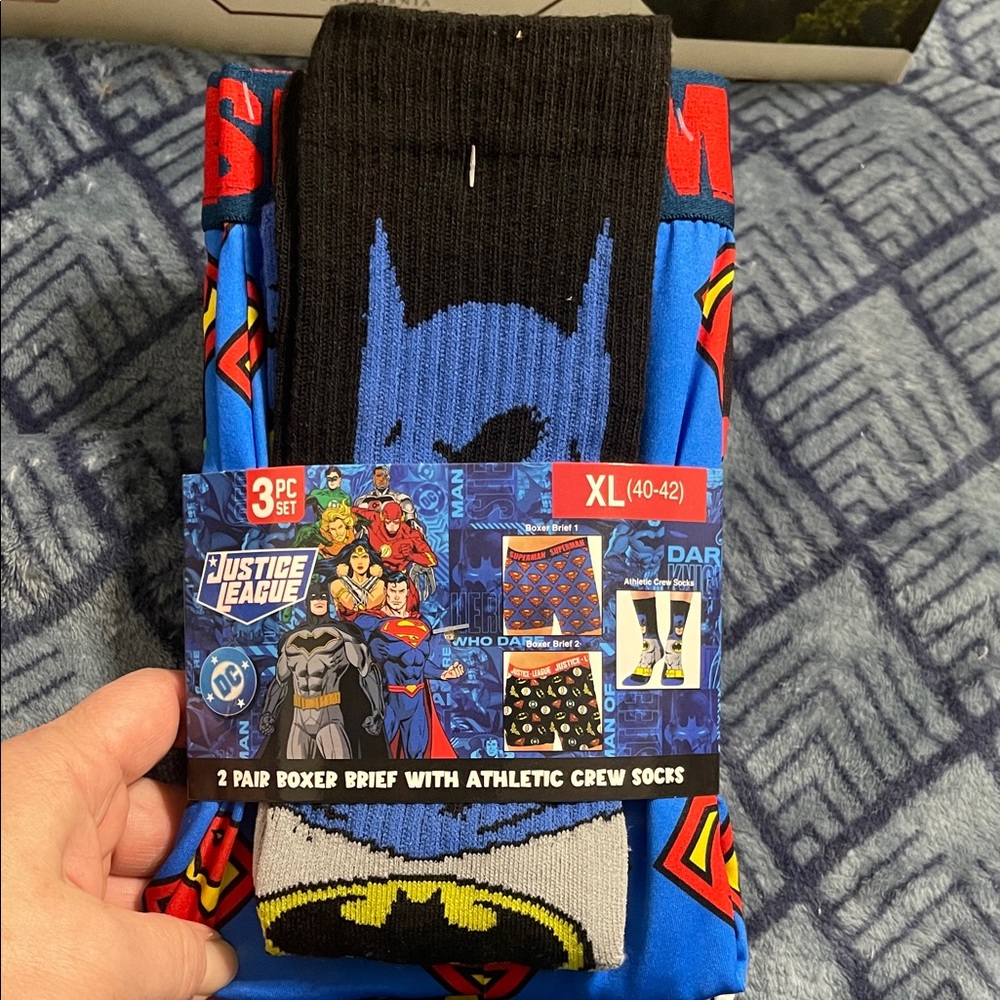 DC Justice League Boxer Brief and Sock Set - Blue, Black, Red